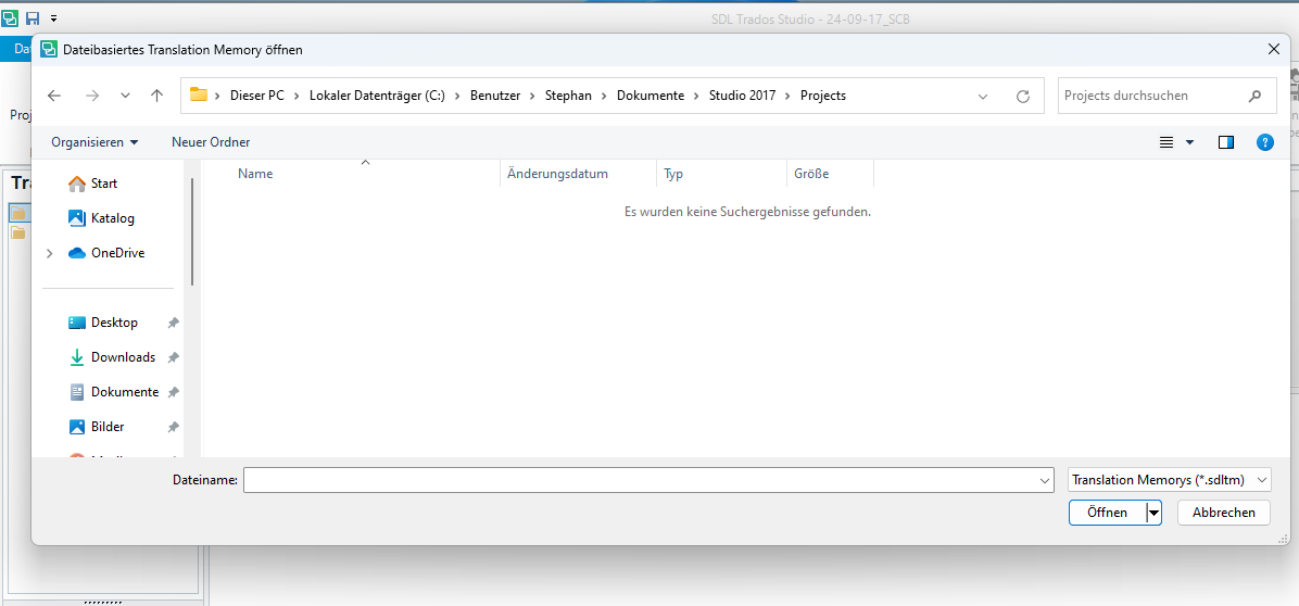 SDL Trados Studio dialog box with the title 'Database Translation Memory open' showing an empty 'Projects' directory with a message 'No search results were found.'