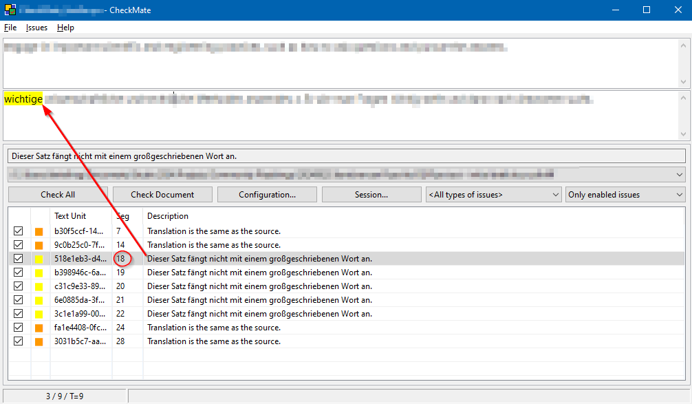 Screenshot of CheckMate software with a highlighted error message stating 'Dieser Satz fangt nicht mit einem grossgeschriebenen Wort an,' indicating a sentence does not start with a capital letter.