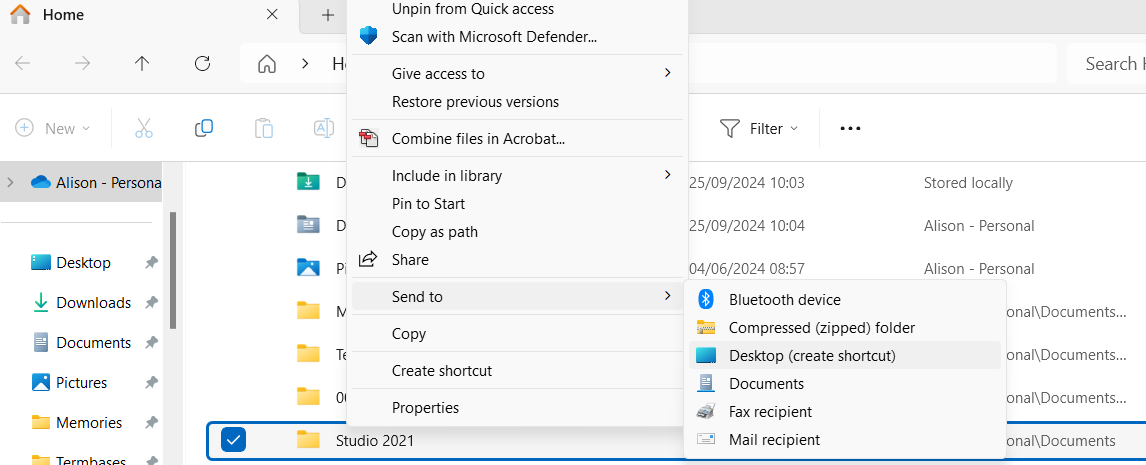 Windows File Explorer open on 'Alison - Personal' with the context menu for 'Studio 2021' showing the option 'Send to' expanded, highlighting 'Desktop (create shortcut)'.