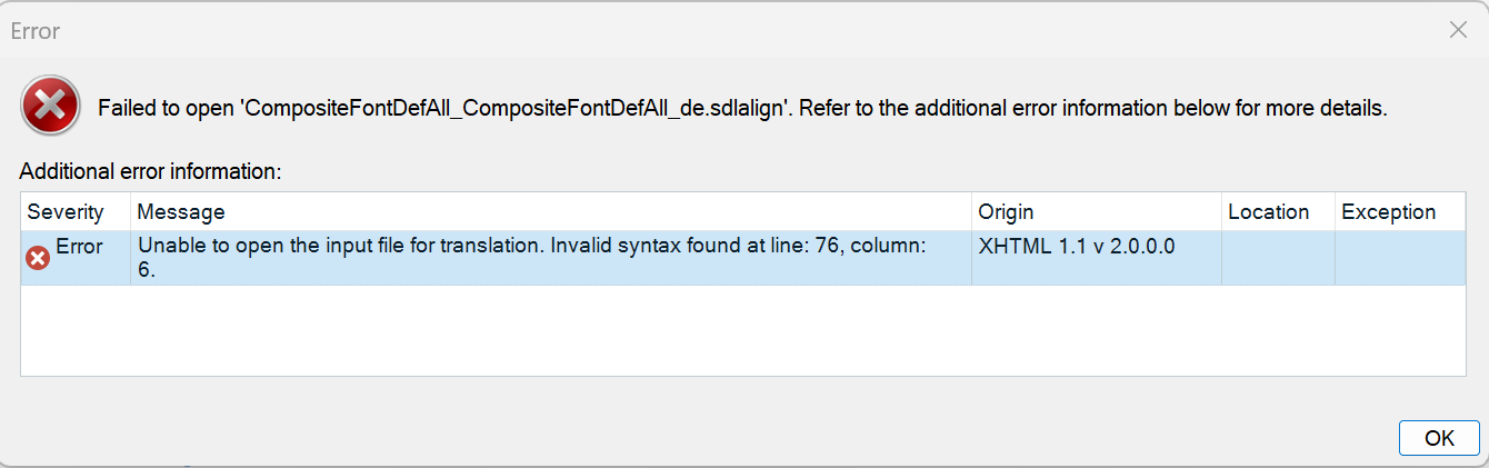 Error dialog in Trados Studio showing 'Failed to open CompositeFontDefAll_CompositeFontDefAll_de.sdlalign'. Invalid syntax at line: 76, column: 6.
