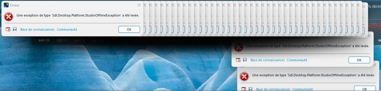 Multiple error dialog boxes overlaid with the message 'Une exception de type 'Sdl.Desktop.Platform.StudioOfflineException' a ete levee.' in Trados Studio.
