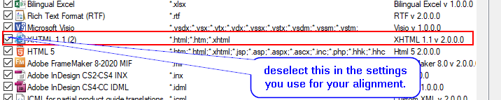 Screenshot of Trados Studio file type settings showing a list of file types with XHTML 1.1 selected. A note indicates to deselect this for alignment.
