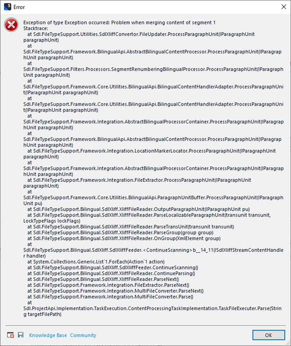 Detailed error message in Trados Studio with a stack trace indicating an exception occurred while merging content of segment 1.