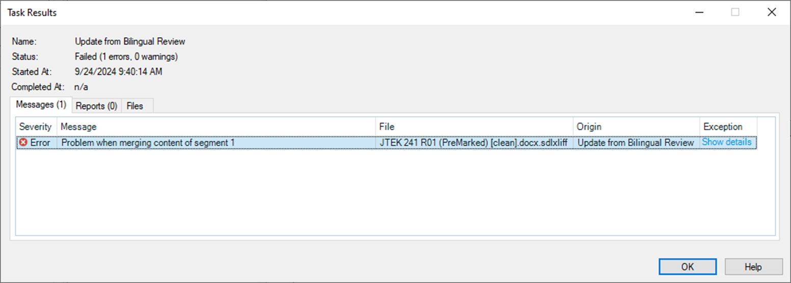 Trados Studio Task Results window showing an error message 'Problem when merging content of segment 1' during Update from Bilingual Review.