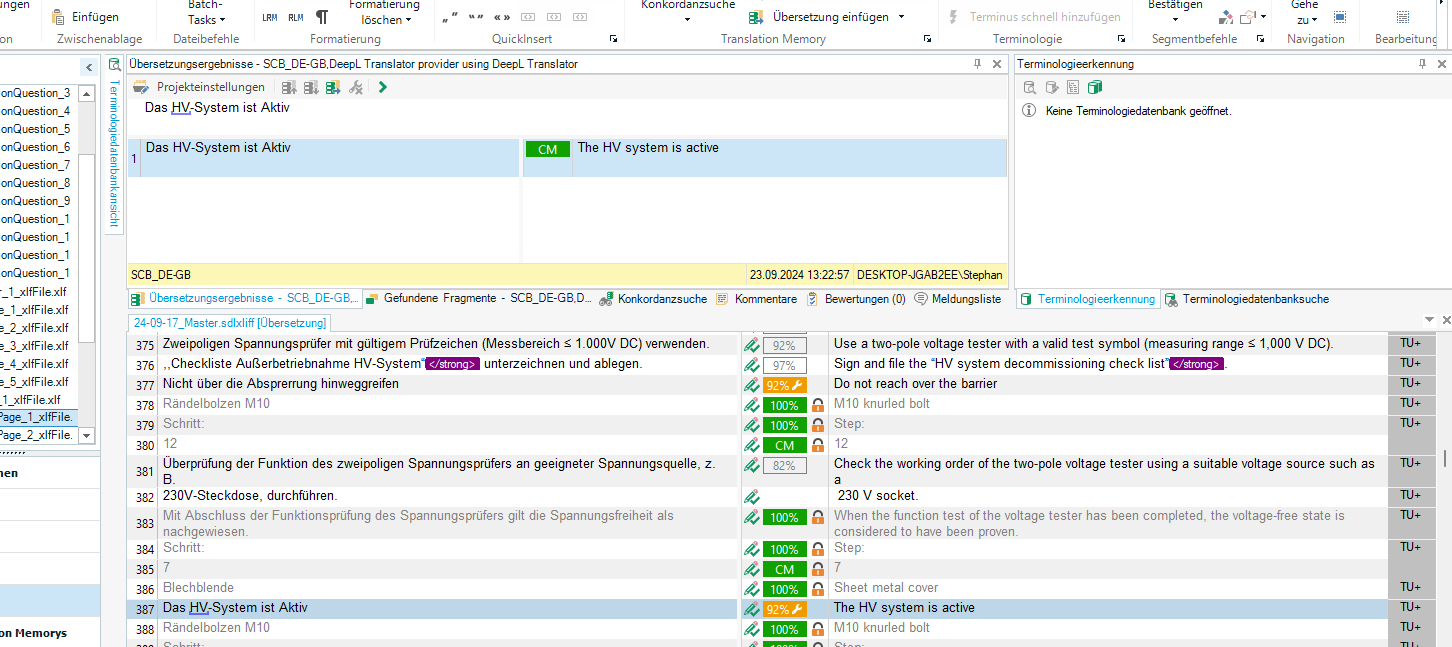 Screenshot of Trados Studio 2017 interface with DeepL Translator plugin showing translation results pane empty. The 'Translation Results' window is open but no content is displayed.