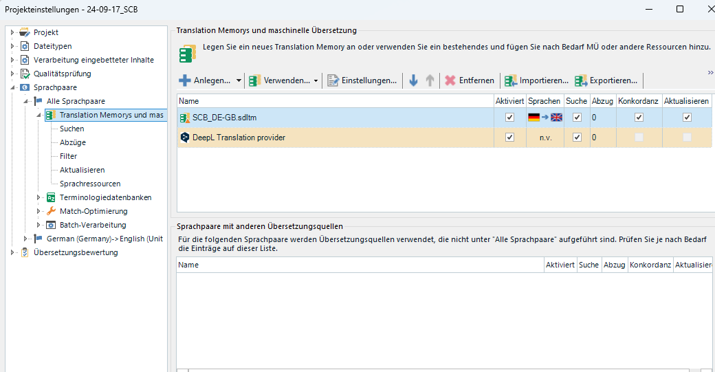 Screenshot of Trados Studio project settings showing Translation Memories and machine translation section with 'SCB_DE-GB.sdltm' Translation Memory and 'DeepL Translation provider' selected. No visible errors or warnings.