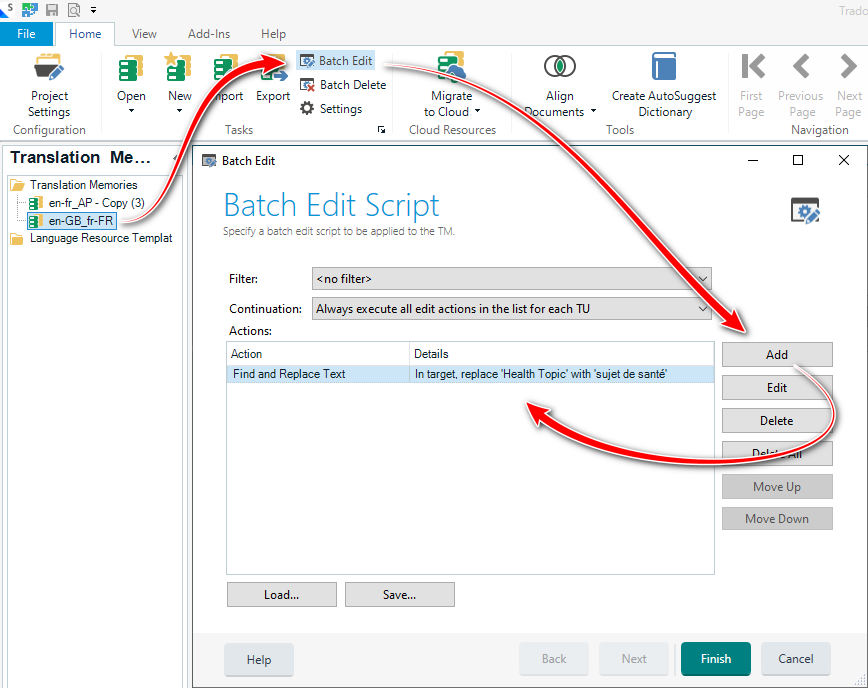 Screenshot of Trados Studio's Batch Edit Script window, showing an action to replace 'Health Topic' with 'sujet de sante' in the target text.