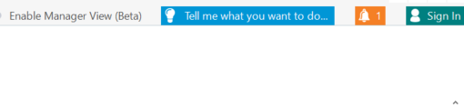 Trados Studio screenshot showing the top menu with options 'Enable Manager View (Beta)', a search bar with placeholder text 'Tell me what you want to do...', a notification bell with 1 notification, and a 'Sign In' button.