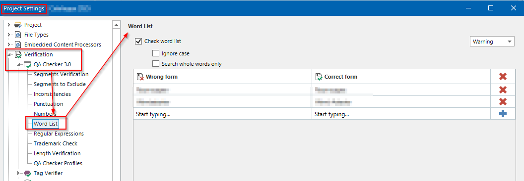 Screenshot of Trados Studio's Project Settings showing the QA Checker 3.0 with Word List module selected. The 'Check word list' option is ticked. Two entries under 'Wrong form' are visible with corresponding 'Correct form' fields empty, marked with red crosses.