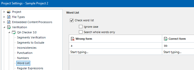 Trados Studio Project Settings window showing Word List under Verification with 'Check word list' checked and an error 'Wrong form' with 'a' in the left column and 'bb' in the right column.