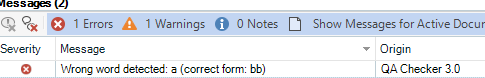 Messages window in Trados Studio with 1 Errors tab selected showing a red error icon and the message 'Wrong word detected: a (correct form: bb)' from QA Checker 3.0.