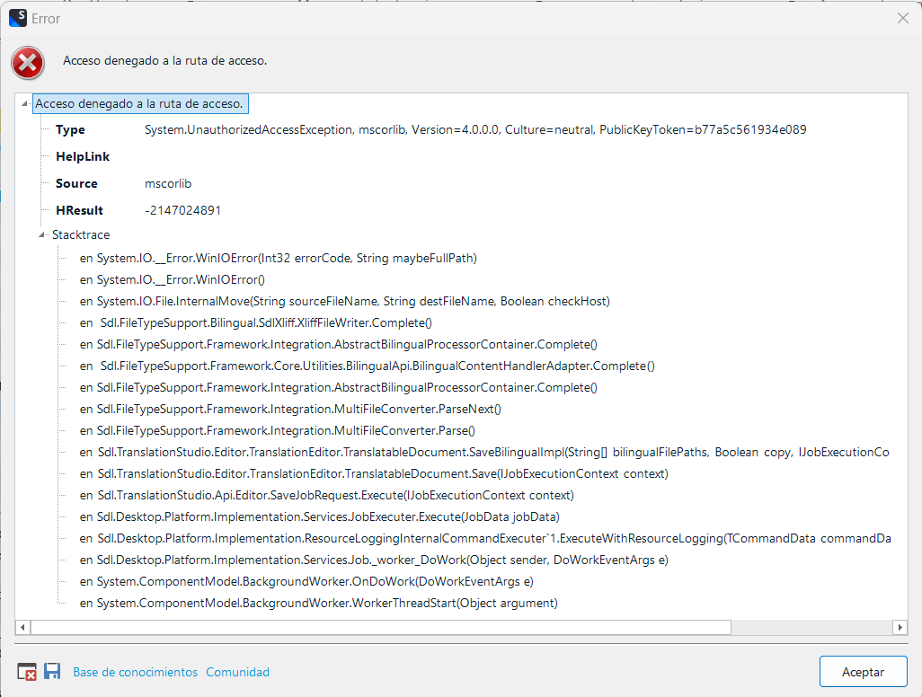 Error dialog box in Trados Studio with a red cross icon indicating 'Access denied to the access path.' It includes a stack trace with details such as System.UnauthorizedAccessException and file path errors.