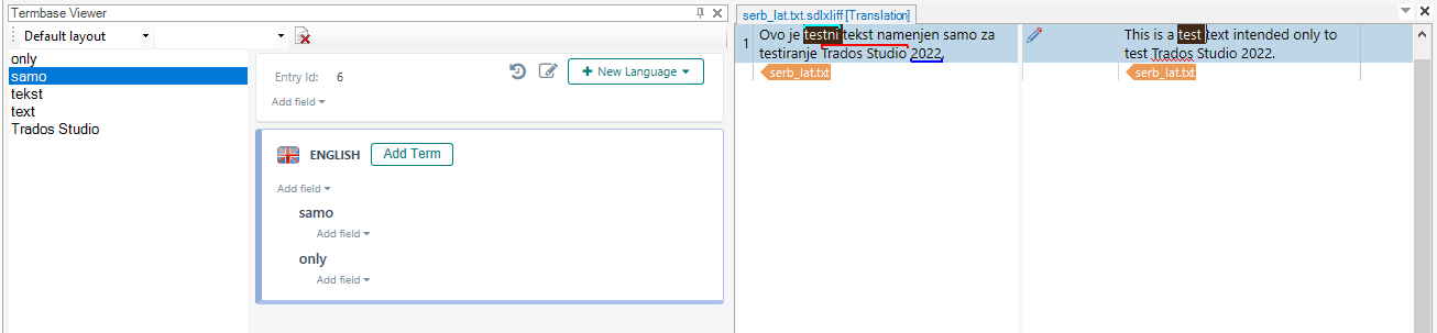 Screenshot of Trados Studio Termbase Viewer showing an error with the message 'Only text Trados Studio'. The term 'samo' is highlighted in blue with an 'Add Term' button next to 'ENGLISH'.