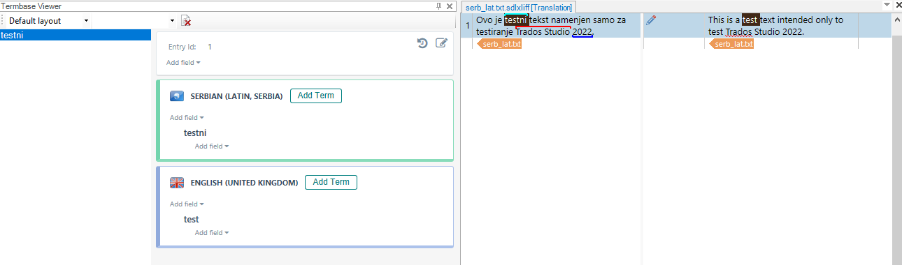 Screenshot of Trados Studio Termbase Viewer without errors. 'SERBIAN (LATIN, SERBIA)' and 'ENGLISH (UNITED KINGDOM)' are listed with 'Add Term' buttons. The terms 'testni' and 'test' are visible.