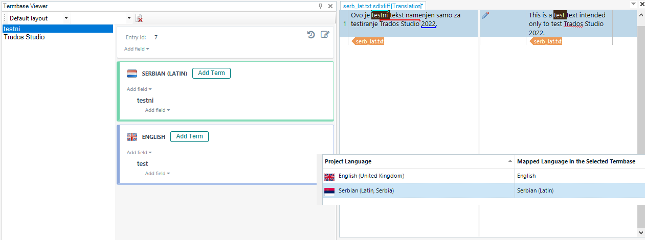 Screenshot of Trados Studio interface showing the TermBase Viewer with 'Default layout' selected, an entry with 'SERBIAN (LATIN)' and 'ENGLISH' terms added, and a red error icon next to 'testni' in the TermBase Viewer.