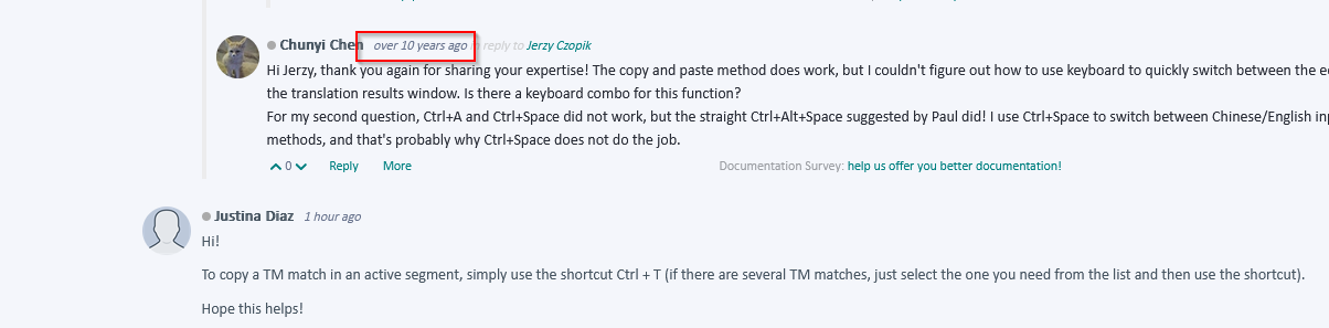 Screenshot of a forum discussion. A user named Chunyi Chen, who posted over 10 years ago, is asking about keyboard shortcuts for Trados Studio. Another user responds with a suggested shortcut.