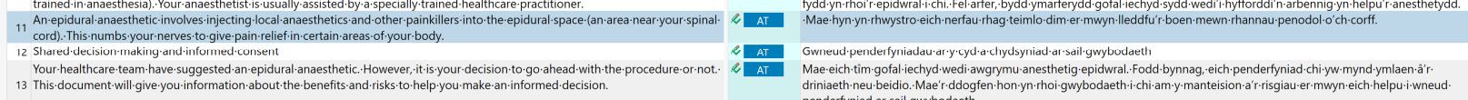 Screenshot of Trados Studio Editor with a .po file open, showing segments split into paragraphs with AT (Automated Translation) labels on segments 11 and 12.