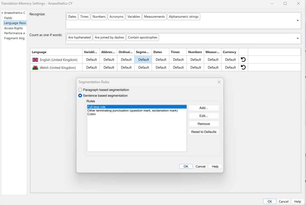 Screenshot of Trados Studio Translation Memory Settings dialog, with 'Sentence based segmentation' selected and segmentation rules displayed.