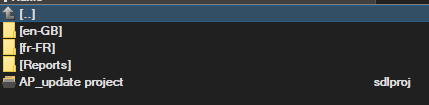 Screenshot of Trados Studio project structure showing folders for source language 'en-GB', target language 'fr-FR', 'Reports', and a project file 'AP_update project.sdlproj'.