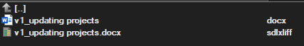 Screenshot of Trados Studio source language folder with a Word document 'v1_updating projects.docx' and its corresponding SDLXLIFF file 'v1_updating projects.sdlxiff'.