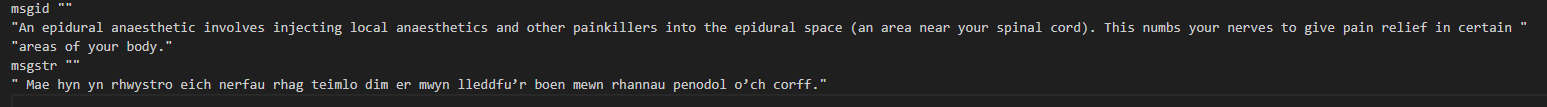 Screenshot of a PO file in a text editor showing a segment with an English source text about epidural anaesthetic and its Welsh translation.