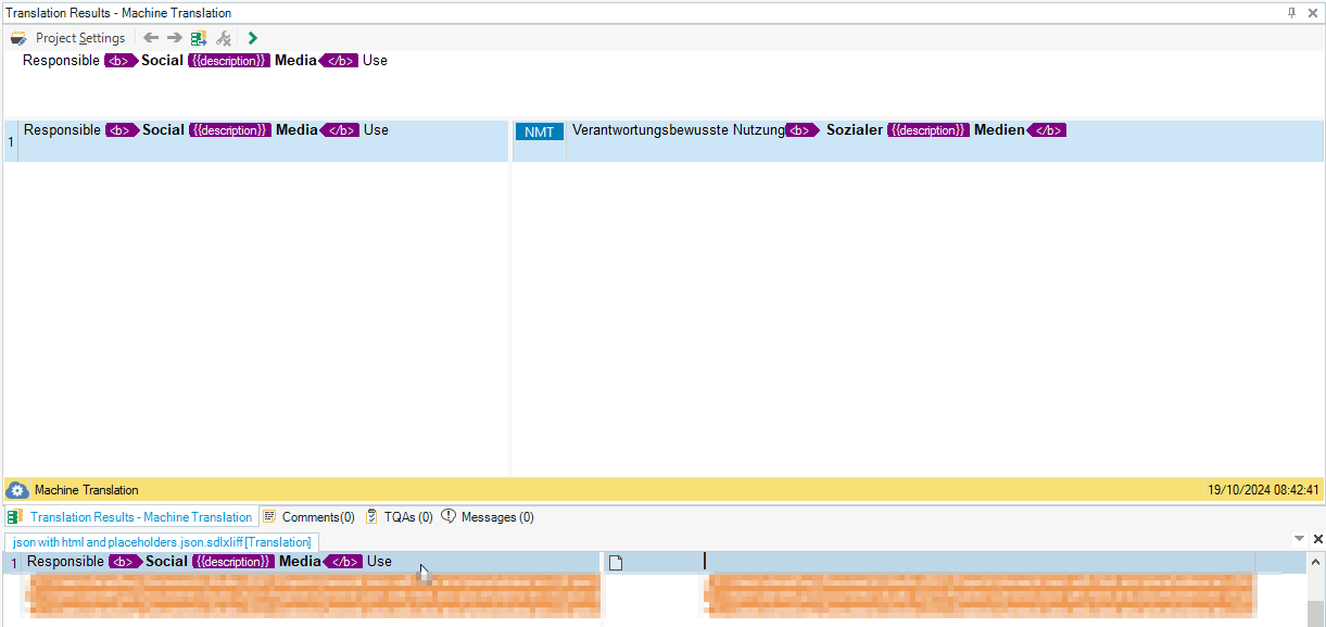 Screenshot of Trados Studio interface showing the Translation Results window with a segment containing HTML tags and placeholders in both source and target panes. The source text is in English and the target text is in German. No visible errors or warnings.