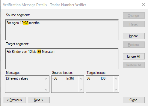 Trados Number Verifier window showing a message for different values between source segment 'For ages 12-36 months' and target segment 'Fur Kinder von 12 bis 36 Monaten'. Source issues highlighted as '-36' and target issues as '36'.