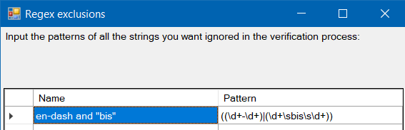 Trados Studio Regex exclusions window showing an entry named 'en-dash and bis' with a pattern to ignore certain number ranges.