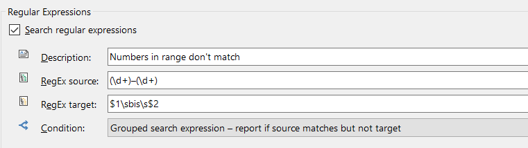 Trados Studio Regular Expressions window with a checked option 'Search regular expressions'. It shows a description 'Numbers in range don't match', with regex source and target patterns defined for number ranges.