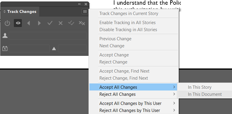 Screenshot of Trados Studio's Track Changes panel with options like Enable Tracking, Disable Tracking, Previous Change, Next Change, and a highlighted 'Accept All Changes' with sub-options 'In This Story' and 'In This Document'.