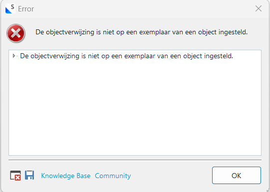 Error dialog box in Trados Studio with a red cross icon, displaying the message 'object reference not set to an instance of an object' in Dutch.