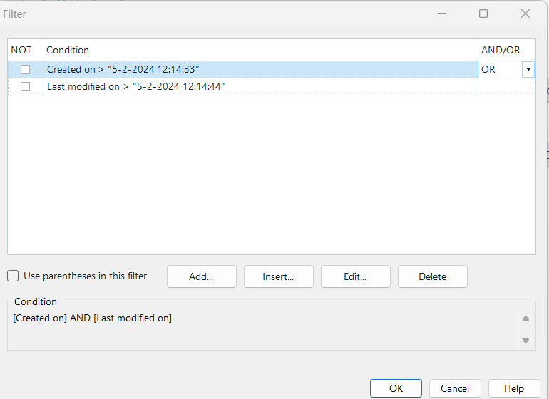 Trados Studio filter dialog box showing conditions for 'Created on' and 'Last modified on' with checkboxes, and logical operator options.