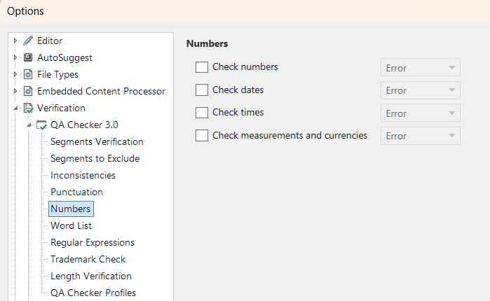 Trados Studio options menu with Verification selected, showing QA Checker 3.0 expanded with Numbers highlighted and options for checking numbers, dates, times, and measurements set to Error.