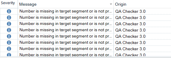 Trados Studio QA Checker error list displaying multiple entries with the message 'Number is missing in target segment or is not properly transferred', all originating from QA Checker 3.0.