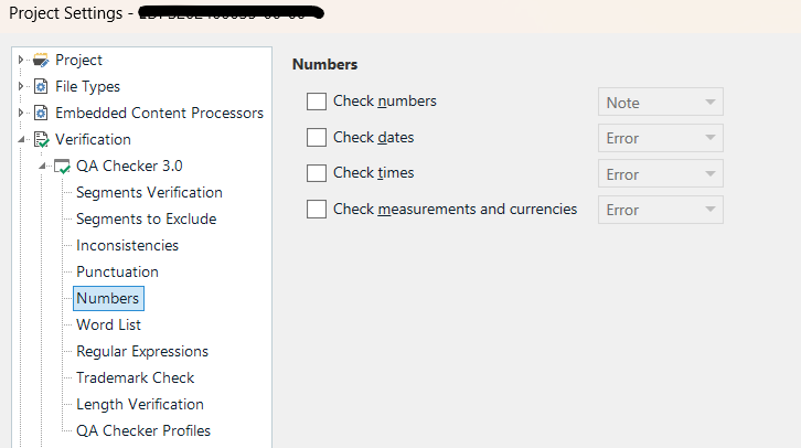 Trados Studio Project Settings window with 'Numbers' unchecked under 'Verification' > 'QA Checker 3.0'.