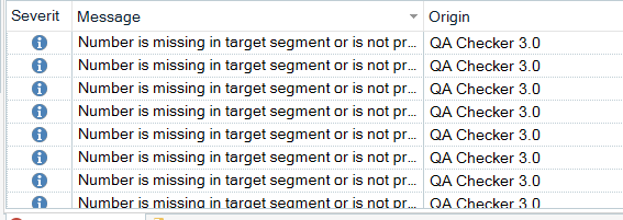 Error list in Trados Studio showing multiple 'Number is missing in target segment or is not properly transferred' messages from QA Checker 3.0.