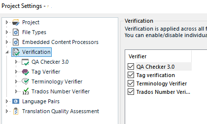 Trados Studio Project Settings window showing Verification options with QA Checker 3.0, Tag Verifier, Terminology Verifier, and Trados Number Verifier listed.