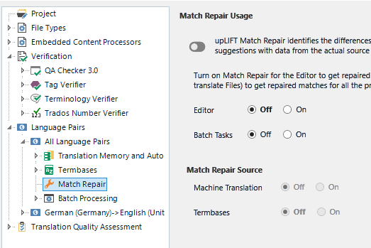 Trados Studio Project Settings window with Match Repair options, showing uPLIFT Match Repair toggle off and Match Repair Source options for Machine Translation and Termbases.