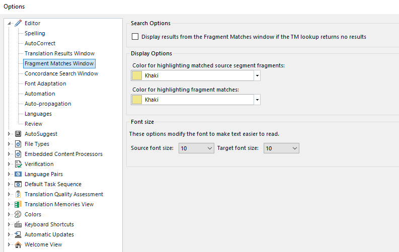 Trados Studio Options window under Editor settings showing Fragment Matches Window with color options for highlighting matched source segment fragments and fragment matches.