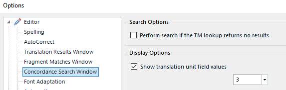 Trados Studio Options window under Editor settings showing Concordance Search Window with options for performing search if the TM lookup returns no results.