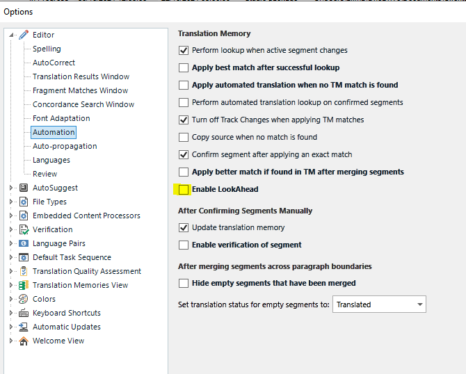 Trados Studio Options window under Editor settings showing Translation Memory options with 'Enable LookAhead' and 'Enable verification of segment' checked.