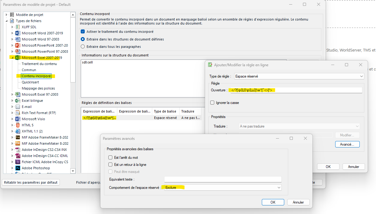 Screenshot of Trados Studio project settings showing 'Contenu incorpore' highlighted with regular expression rules for embedded content.