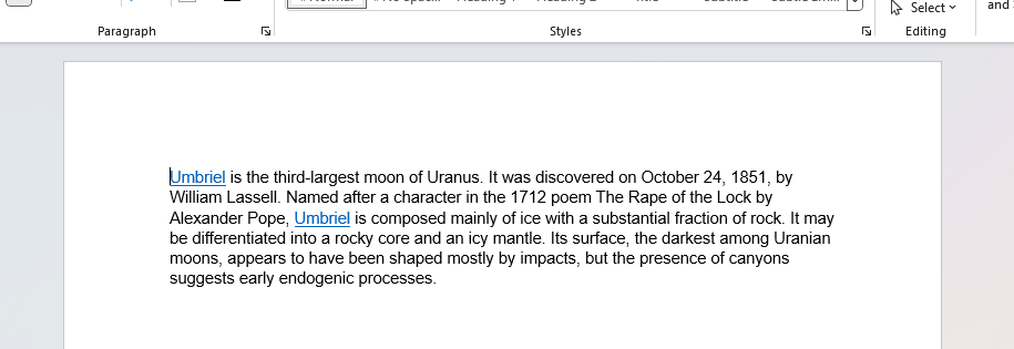 Screenshot of a text document with a paragraph about Umbriel, the third-largest moon of Uranus.