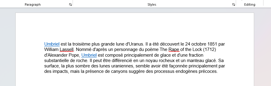 Screenshot of a text document with a translated paragraph about Umbriel in French.