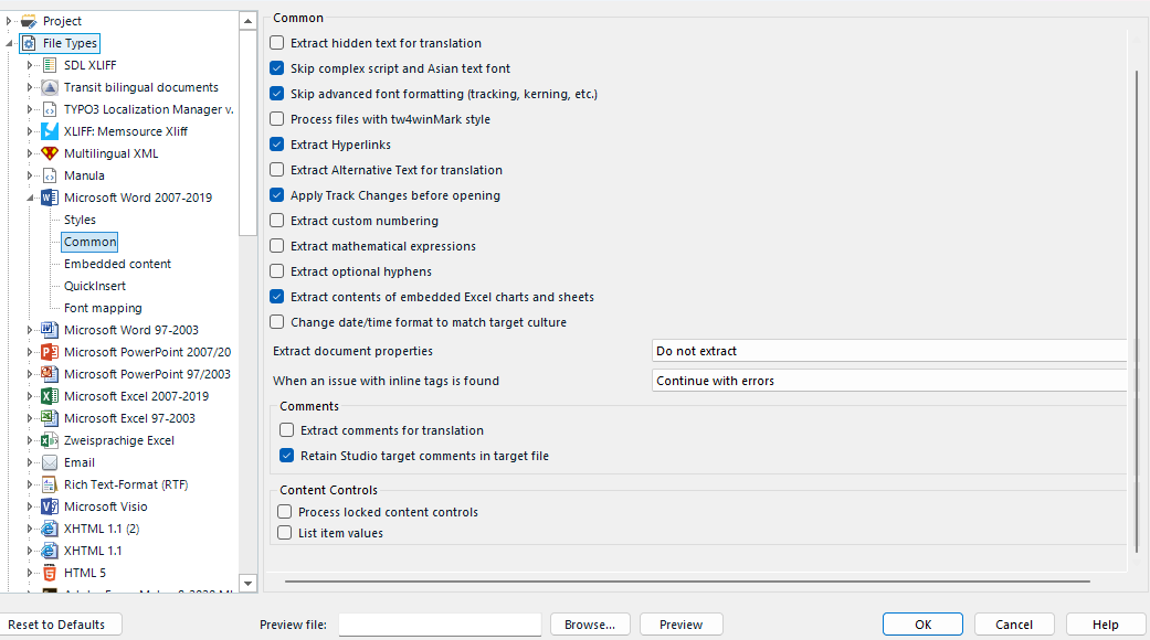 Screenshot of Trados Studio project settings with options for file types and comments, including 'Retain Studio target comments in target file' checked.