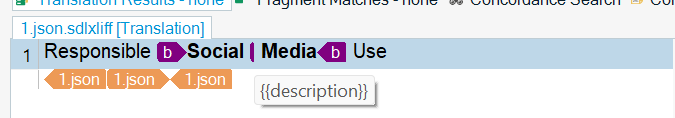 Screenshot of Trados Studio interface showing a segment with the text 'Responsible Social Media Use' and a placeholder tagged as 'description'.