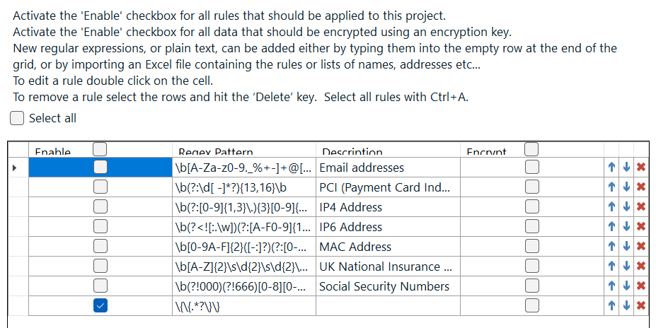 Screenshot of Data Protection Suite settings with a list of rules for data encryption. The 'Enable' checkbox is checked for email addresses and social security numbers.