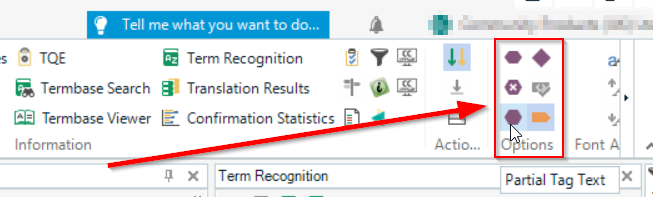 Screenshot of Trados Studio 'View' tab with an arrow pointing to 'Options' for tag display settings.