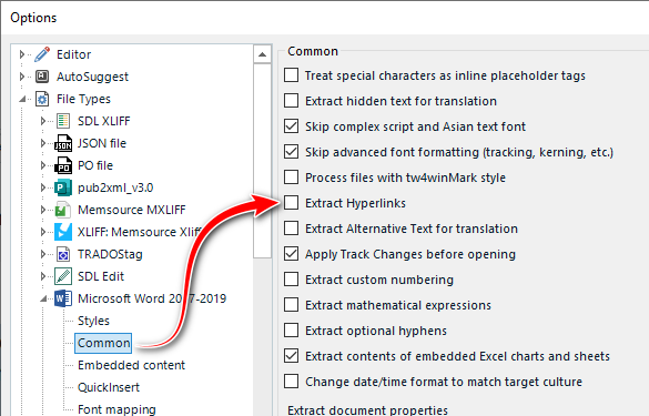 Screenshot of Trados Studio options menu highlighting the 'Extract Hyperlinks' feature with a red arrow, among other text processing settings.