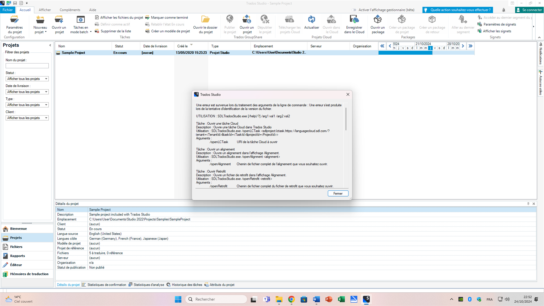 Screenshot of Trados Studio showing a detailed error message about command line arguments and tasks such as 'Open Cloud Task' and 'Open Alignment'.